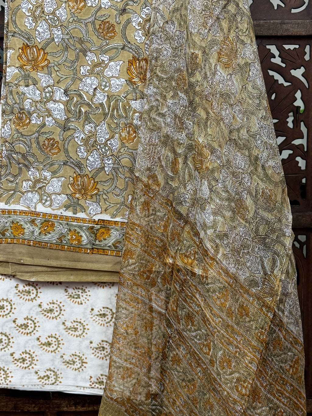 Olive & Mustard Hand-Block Printed Cotton Suit Set | 3-Piece Unstitched Fabric with Kota Doria Dupatta HANDMADEAHOLIC BY MISHKA