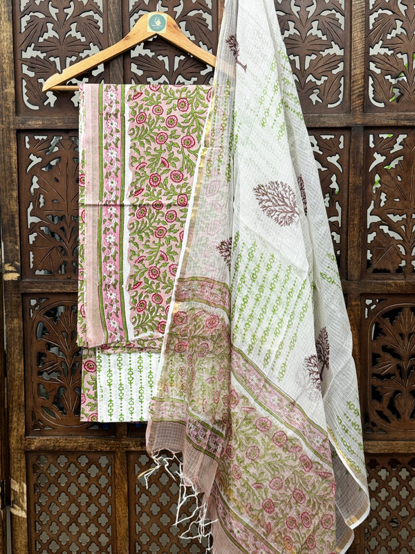 Blushing Meadow Handblock Cotton Suit Set with Zari-Border Kota Doria Dupatta HANDMADEAHOLIC BY MISHKA