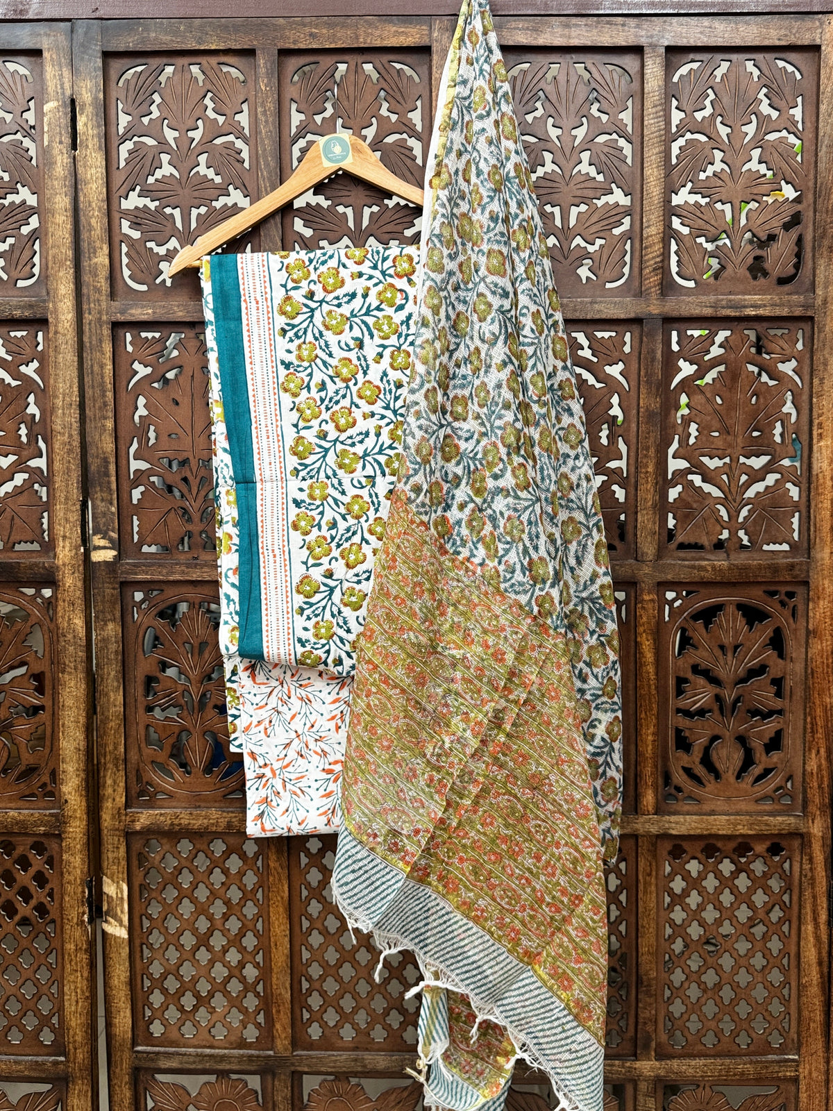 Sage & Teal Floral Handblock Cotton Suit Set with Kota Doria Dupatta HANDMADEAHOLIC BY MISHKA