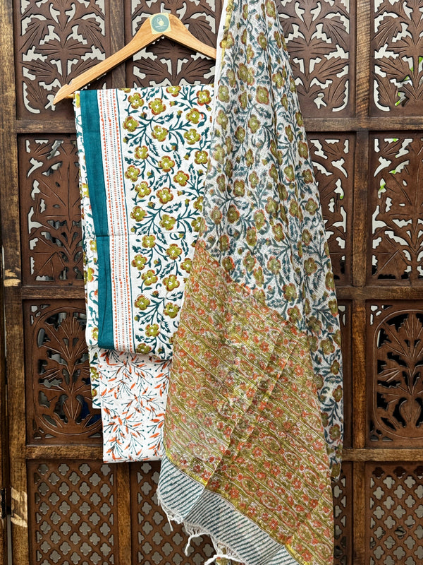 Sage & Teal Floral Handblock Cotton Suit Set with Kota Doria Dupatta HANDMADEAHOLIC BY MISHKA