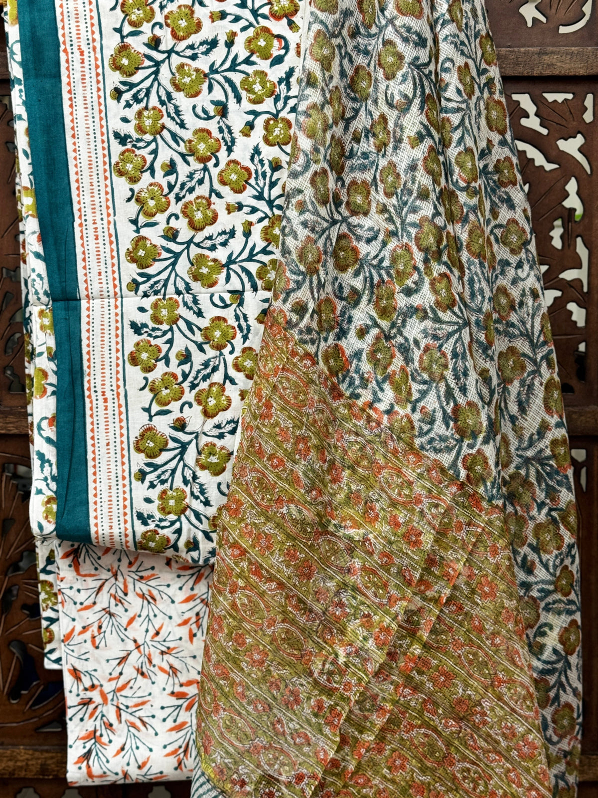 Sage & Teal Floral Handblock Cotton Suit Set with Kota Doria Dupatta HANDMADEAHOLIC BY MISHKA