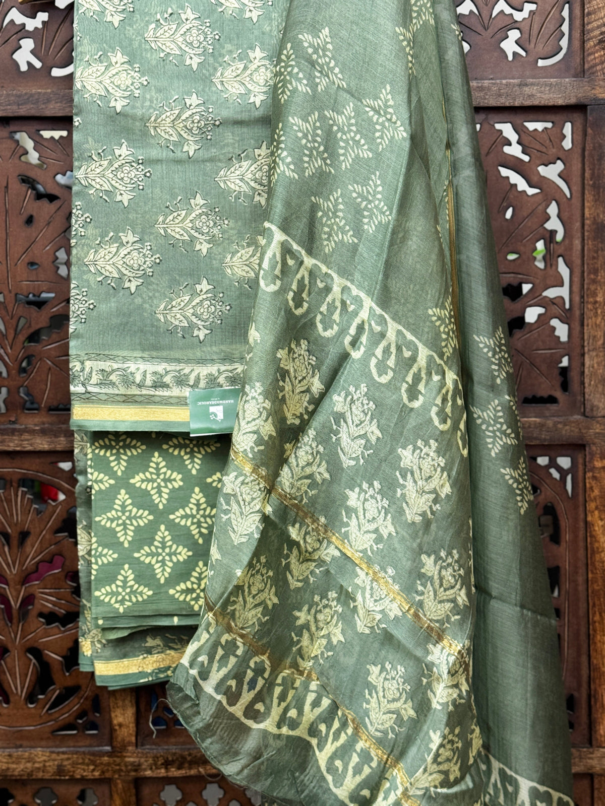 Sage Green Handblock Chanderi Silk Suit Set HANDMADEAHOLIC BY MISHKA