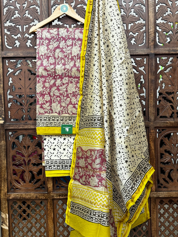 Earthy Maroon & Mustard Chanderi Silk Handblock Suit Set HANDMADEAHOLIC BY MISHKA