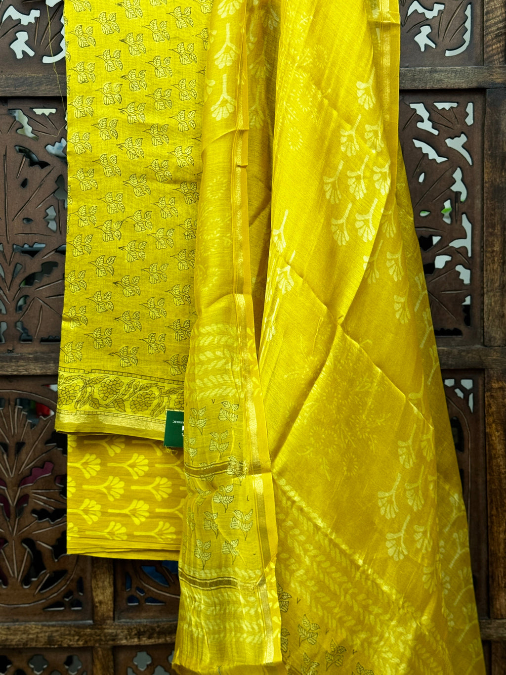 Sun-Kissed Mustard Chanderi Silk Unstitched Suit Set with Handblock Cotton Bottom HANDMADEAHOLIC BY MISHKA