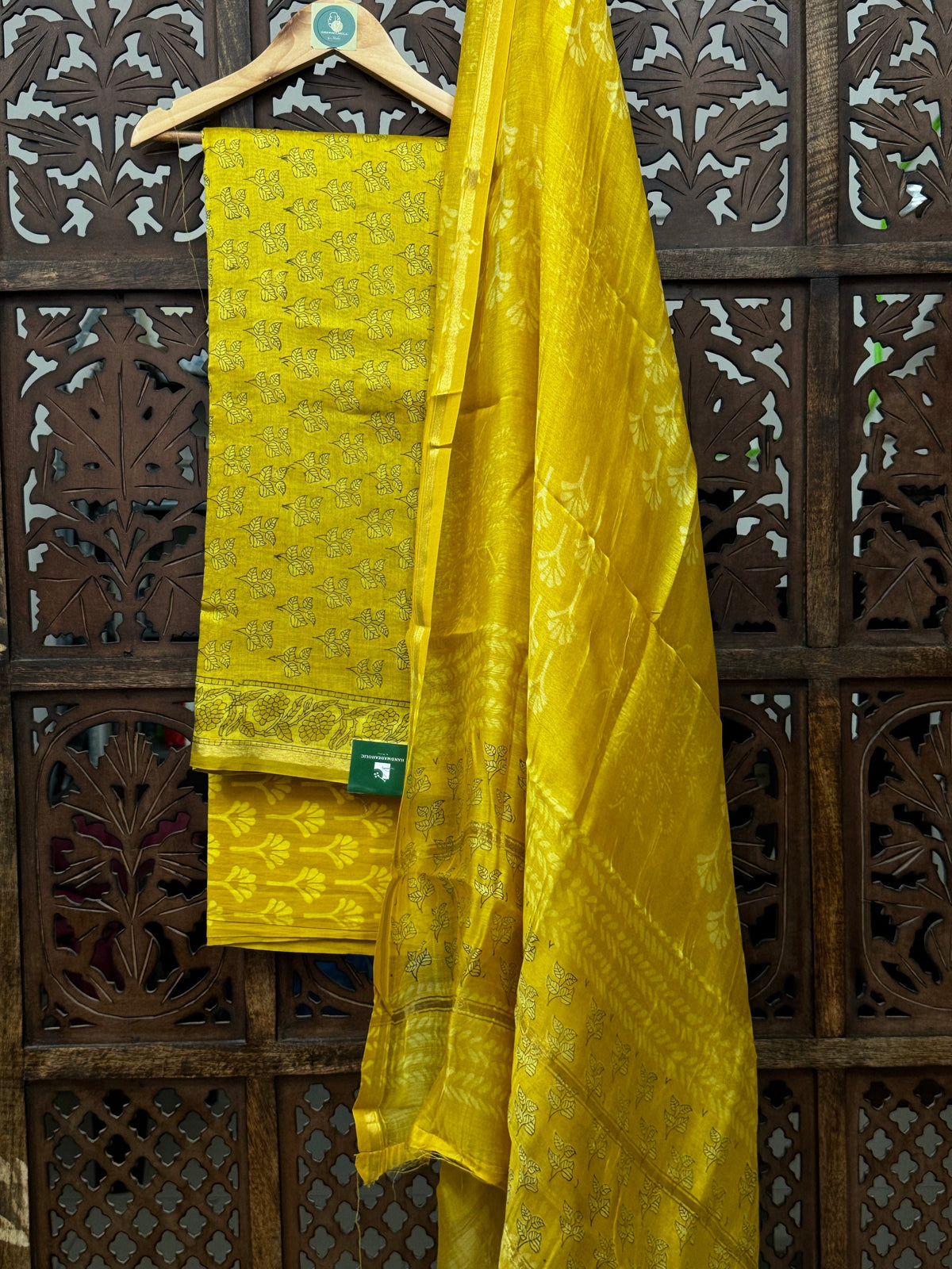 Sun-Kissed Mustard Chanderi Silk Unstitched Suit Set with Handblock Cotton Bottom HANDMADEAHOLIC BY MISHKA