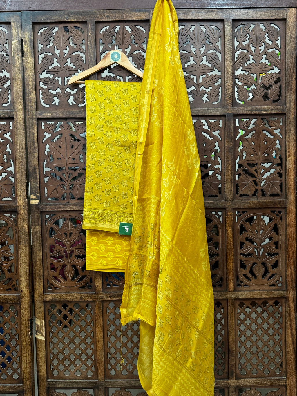 Sun-Kissed Mustard Chanderi Silk Unstitched Suit Set with Handblock Cotton Bottom HANDMADEAHOLIC BY MISHKA