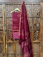Regal Wine Handblock Chanderi Silk Unstitched Suit Set with Zari Border HANDMADEAHOLIC BY MISHKA