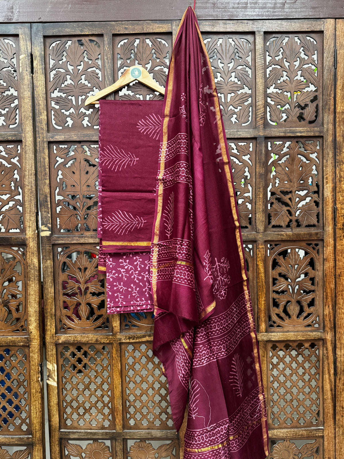 Regal Wine Handblock Chanderi Silk Unstitched Suit Set with Zari Border HANDMADEAHOLIC BY MISHKA