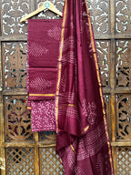 Regal Wine Handblock Chanderi Silk Unstitched Suit Set with Zari Border HANDMADEAHOLIC BY MISHKA