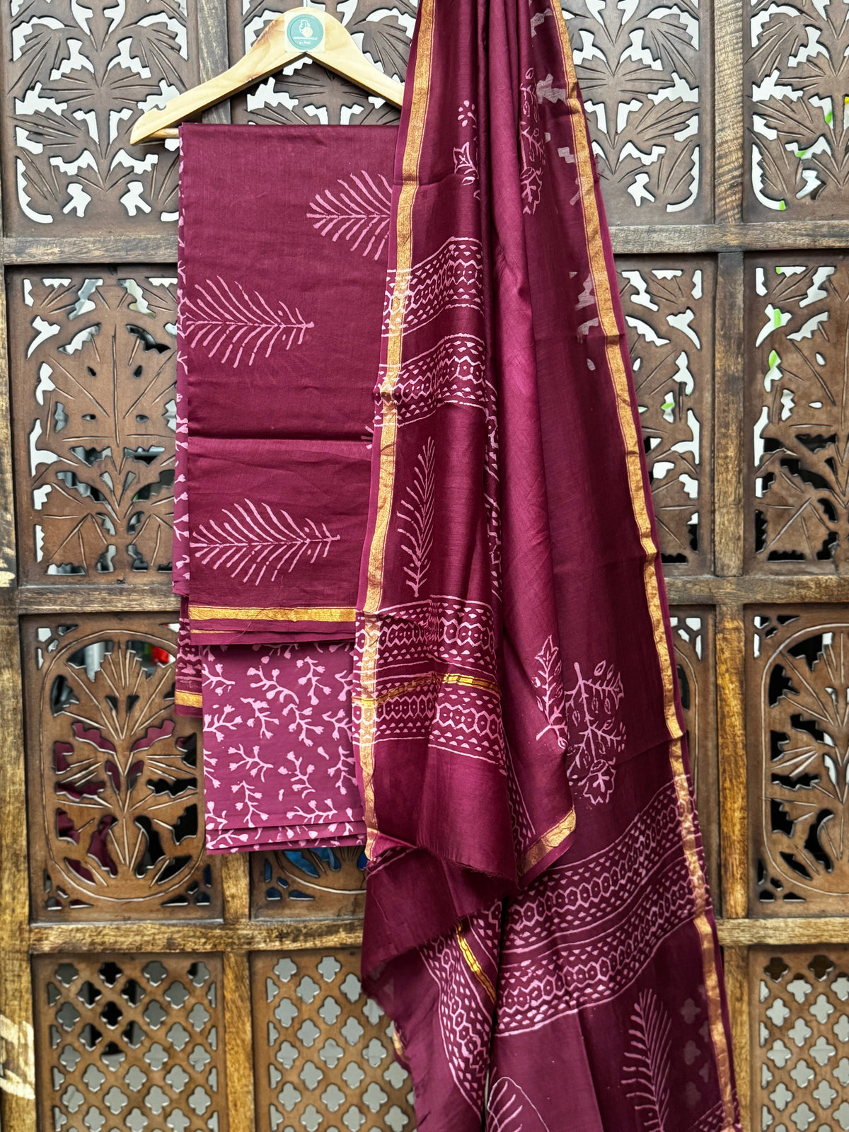 Regal Wine Handblock Chanderi Silk Unstitched Suit Set with Zari Border HANDMADEAHOLIC BY MISHKA