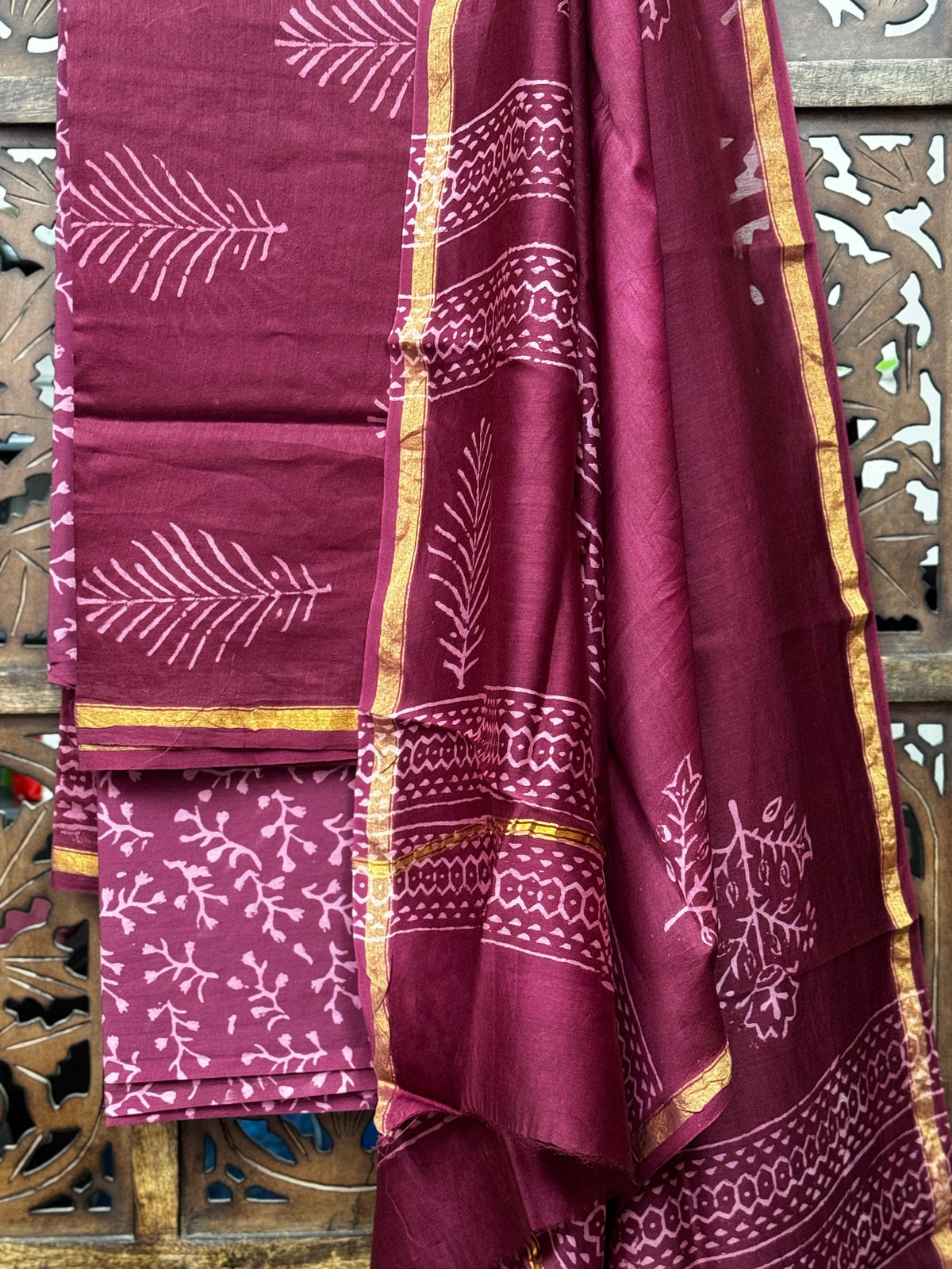 Regal Wine Handblock Chanderi Silk Unstitched Suit Set with Zari Border HANDMADEAHOLIC BY MISHKA