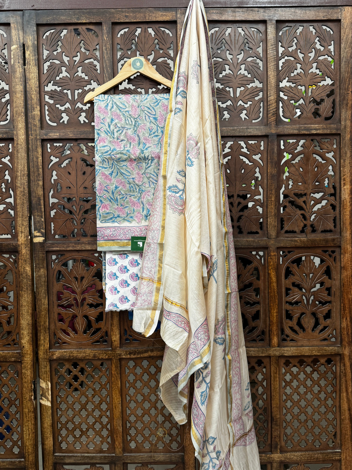 Pastel Floral Elegance – Handblock Printed Chanderi Silk Suit Set with Zari Border HANDMADEAHOLIC BY MISHKA