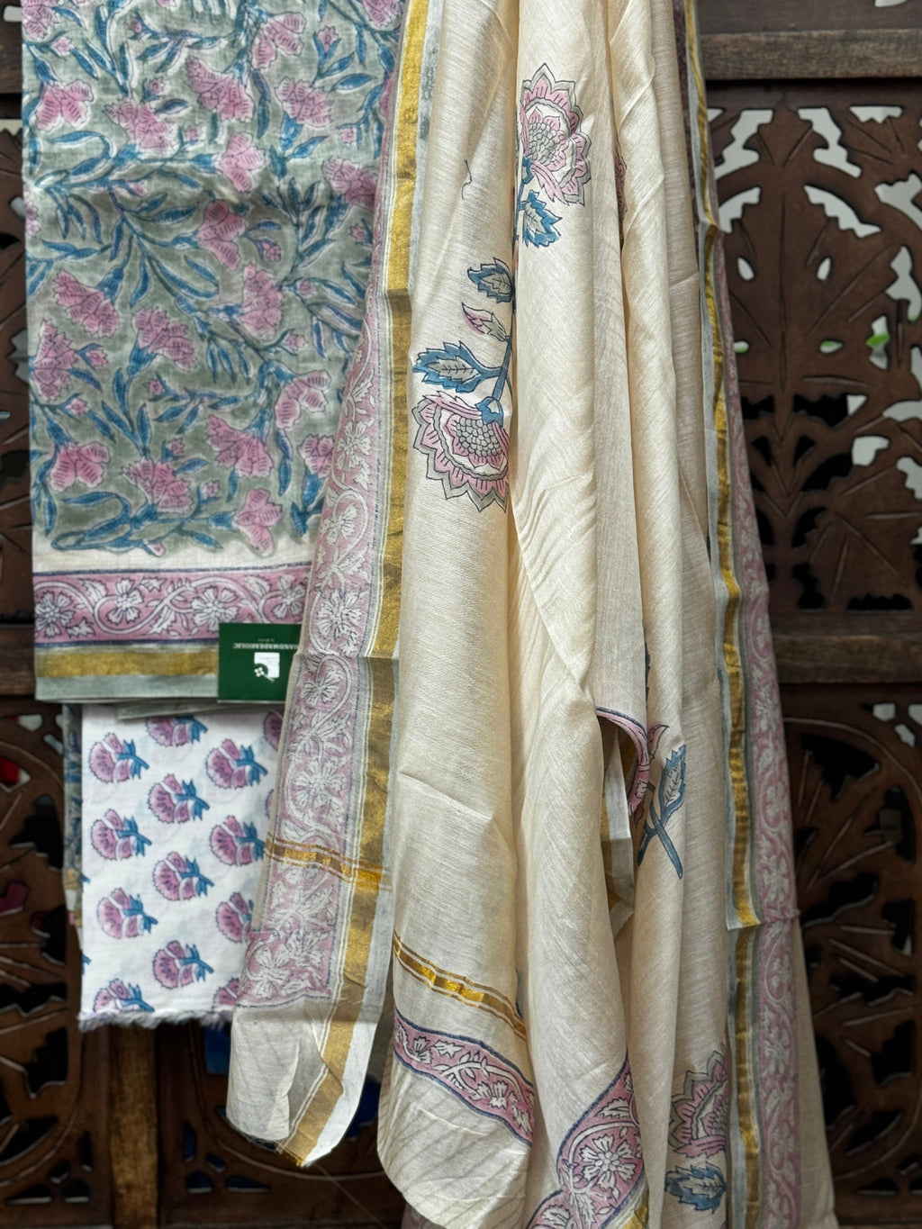 Pastel Floral Elegance – Handblock Printed Chanderi Silk Suit Set with Zari Border HANDMADEAHOLIC BY MISHKA