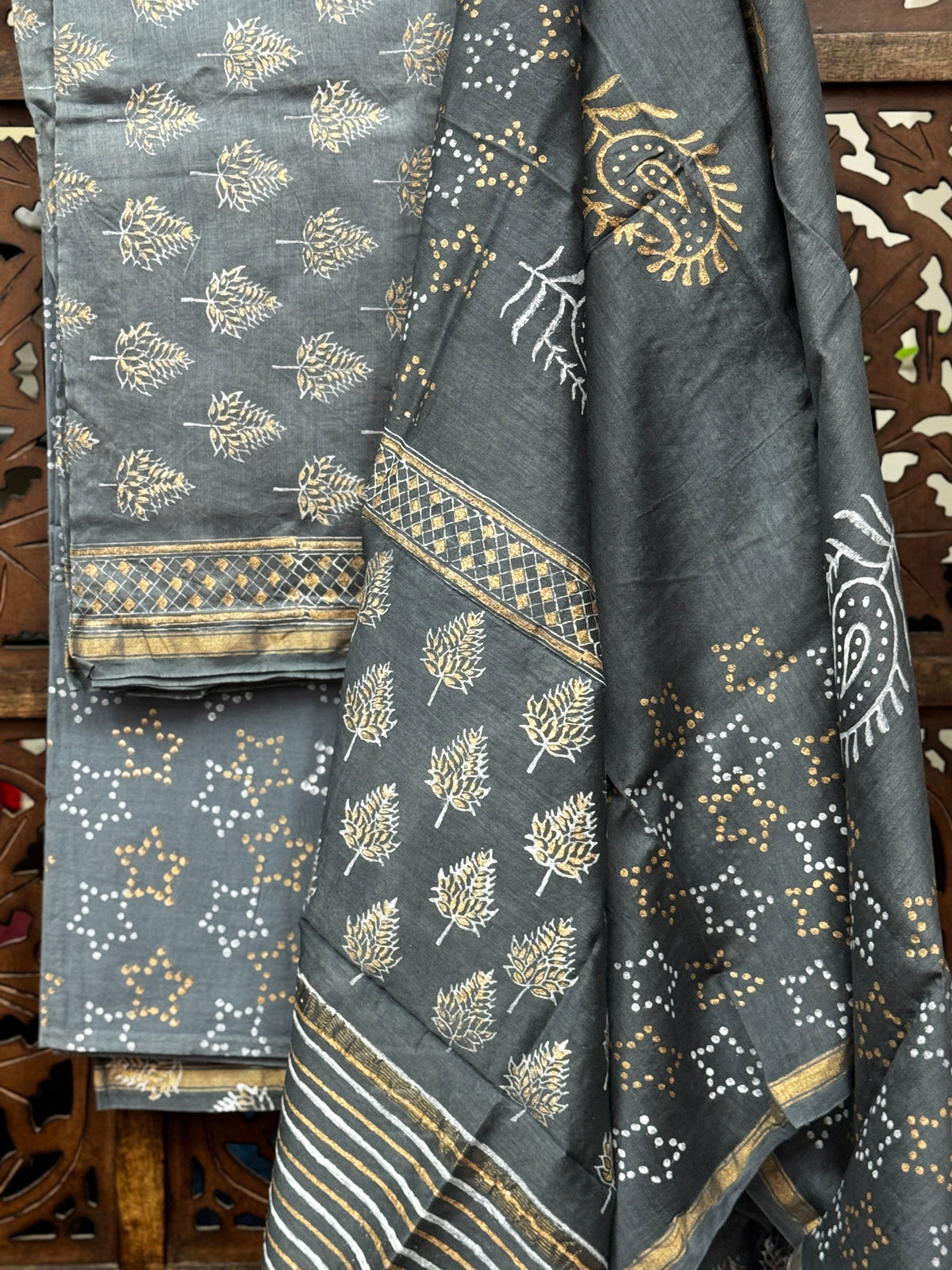 Charcoal Grey Hand-Block Chanderi Silk Suit Set HANDMADEAHOLIC BY MISHKA