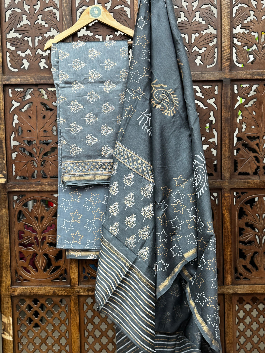 Charcoal Grey Hand-Block Chanderi Silk Suit Set HANDMADEAHOLIC BY MISHKA
