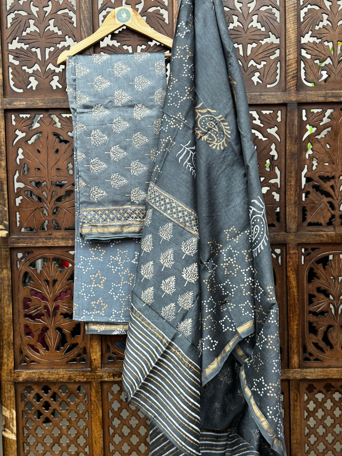 Charcoal Grey Hand-Block Chanderi Silk Suit Set HANDMADEAHOLIC BY MISHKA