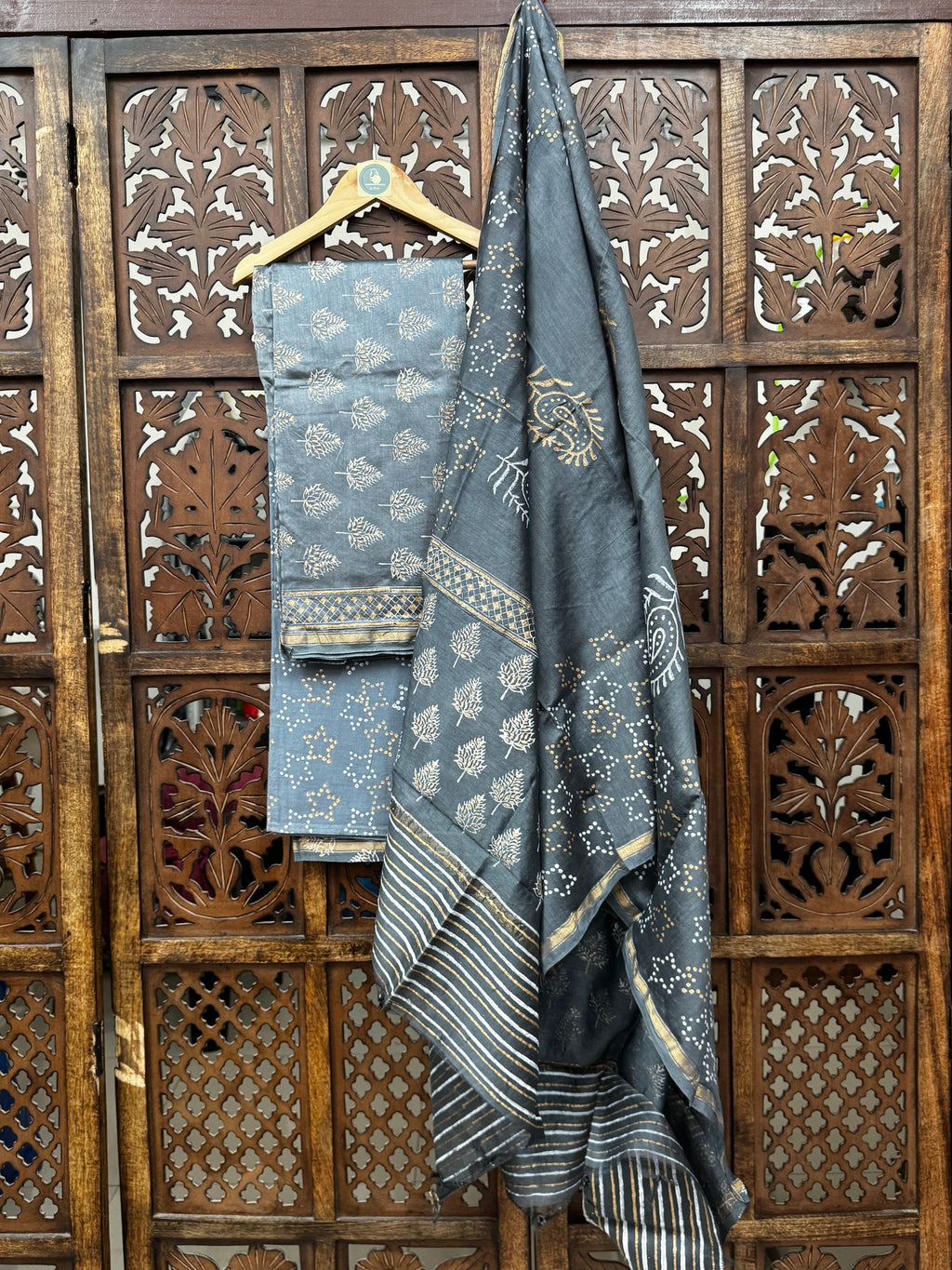 Charcoal Grey Hand-Block Chanderi Silk Suit Set HANDMADEAHOLIC BY MISHKA