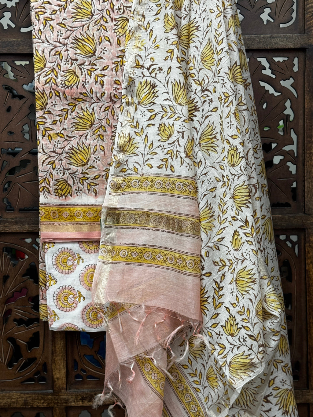 Handblock Floral Chanderi Silk Suit Set – Mustard & Blush Pink HANDMADEAHOLIC BY MISHKA