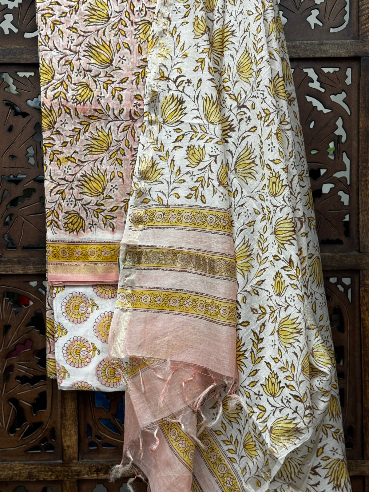 Handblock Floral Chanderi Silk Suit Set – Mustard & Blush Pink HANDMADEAHOLIC BY MISHKA