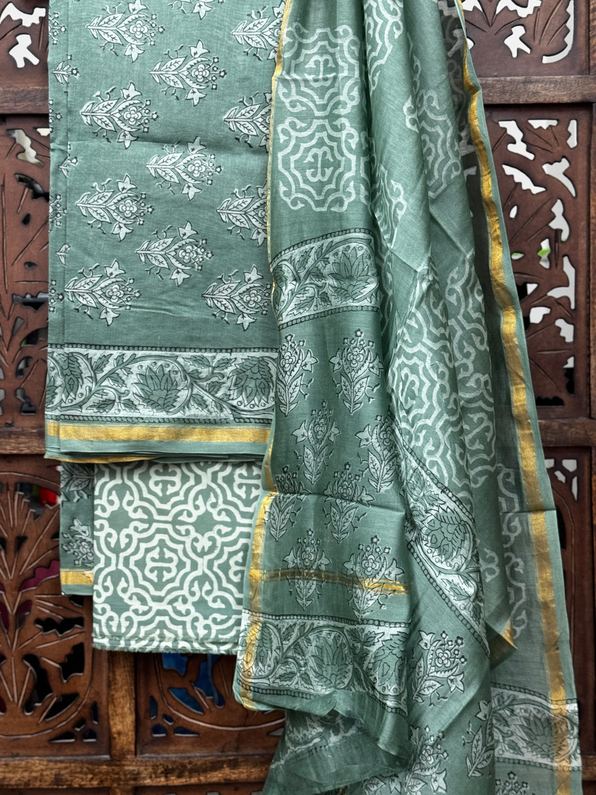 Sage Sage: Handblock Chanderi Silk Unstitched Suit Set HANDMADEAHOLIC BY MISHKA