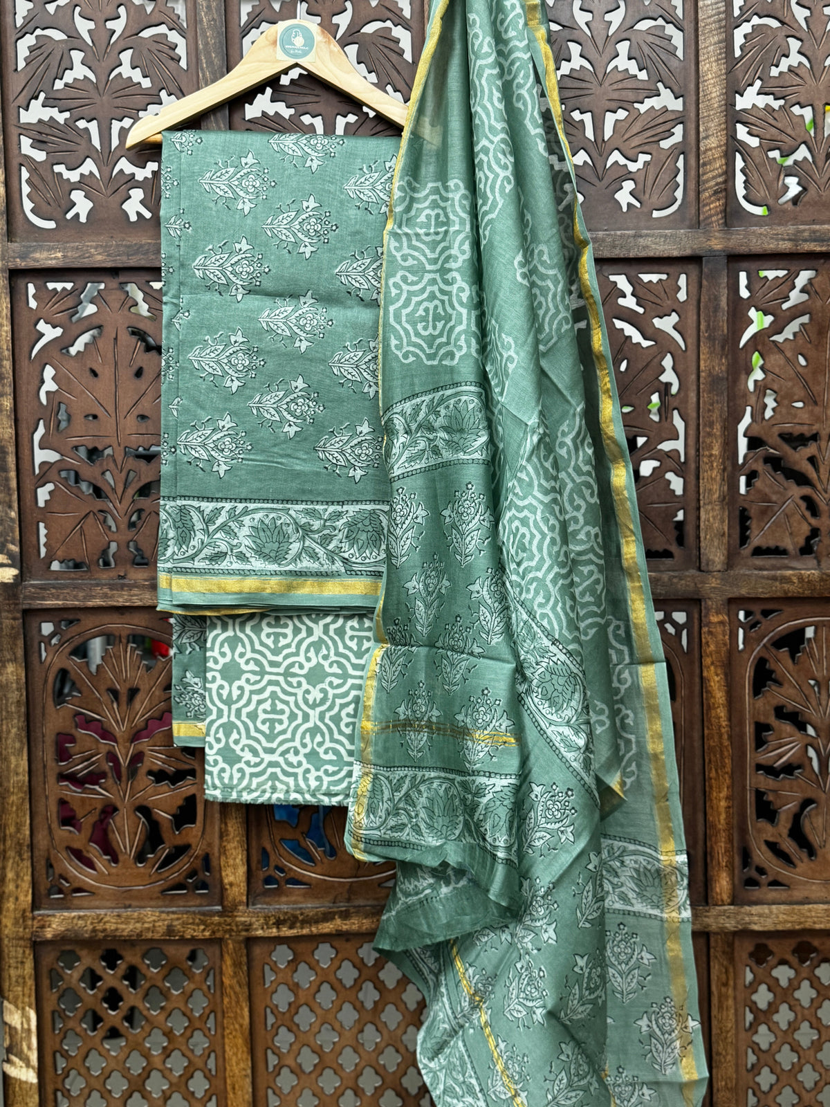 Sage Sage: Handblock Chanderi Silk Unstitched Suit Set HANDMADEAHOLIC BY MISHKA