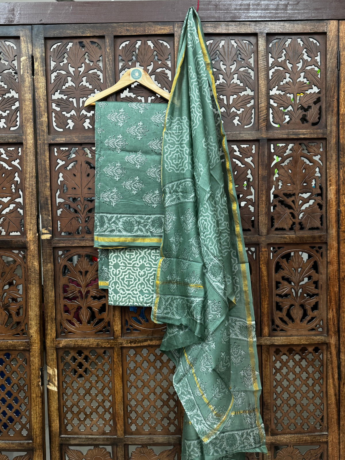 Sage Sage: Handblock Chanderi Silk Unstitched Suit Set HANDMADEAHOLIC BY MISHKA