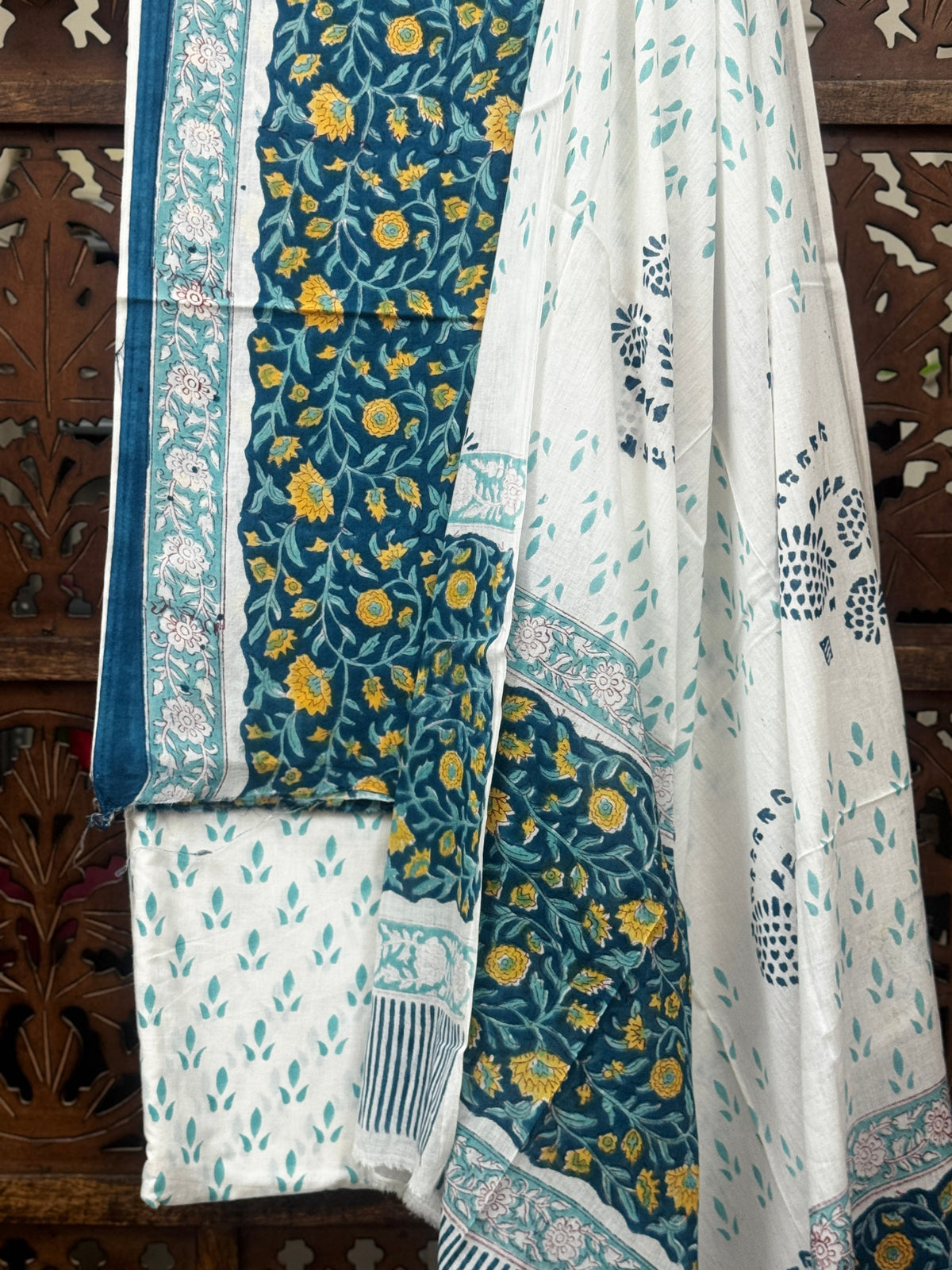 Azure Vine Teal & Mustard Floral Ensemble Handblock Cotton Suit Set HANDMADEAHOLIC BY MISHKA
