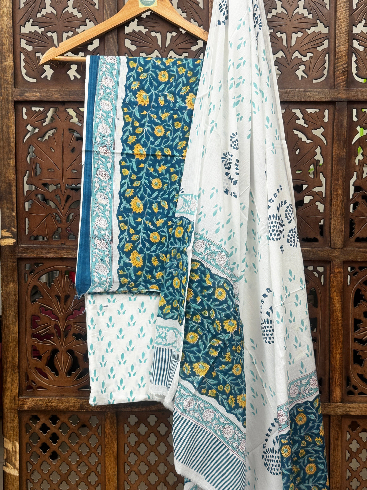 Azure Vine Teal & Mustard Floral Ensemble Handblock Cotton Suit Set HANDMADEAHOLIC BY MISHKA