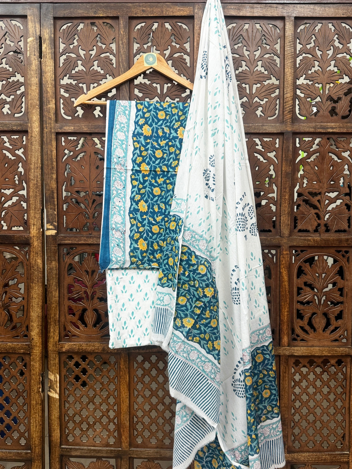 Azure Vine Teal & Mustard Floral Ensemble Handblock Cotton Suit Set HANDMADEAHOLIC BY MISHKA