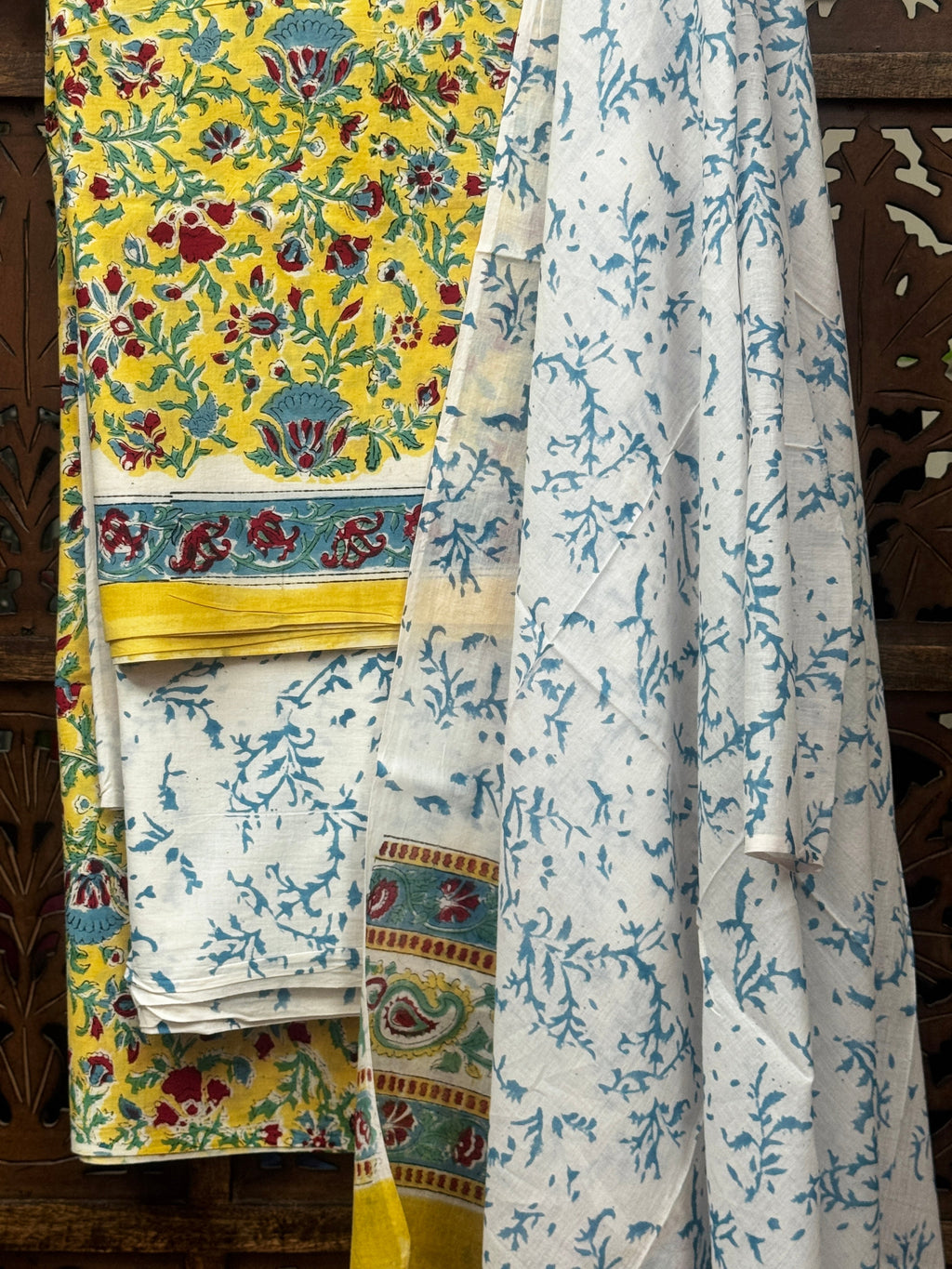 Sun-Kissed Marigold: Handblock Printed Cotton Unstitched Suit Set (3-Piece) HANDMADEAHOLIC BY MISHKA