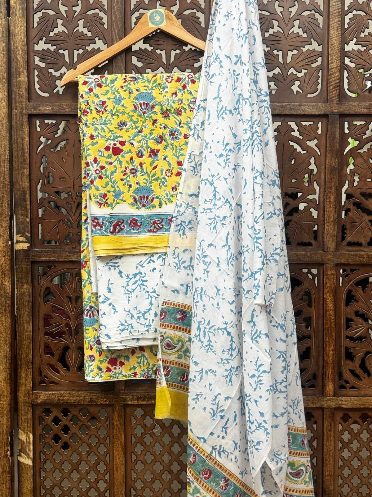 Sun-Kissed Marigold: Handblock Printed Cotton Unstitched Suit Set (3-Piece) HANDMADEAHOLIC BY MISHKA