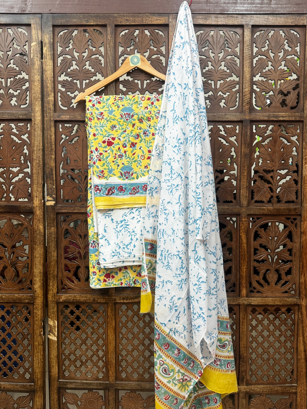 Sun-Kissed Marigold: Handblock Printed Cotton Unstitched Suit Set (3-Piece) HANDMADEAHOLIC BY MISHKA