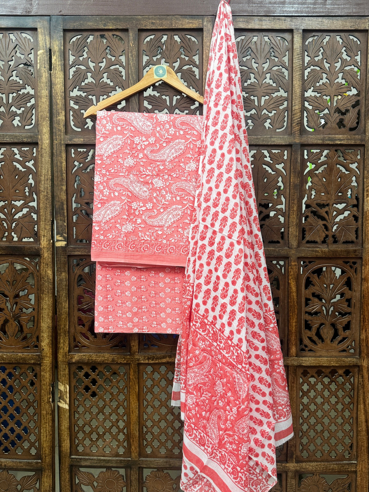 Blush Coral Paisley Handblock Cotton Unstitched Suit Set HANDMADEAHOLIC BY MISHKA