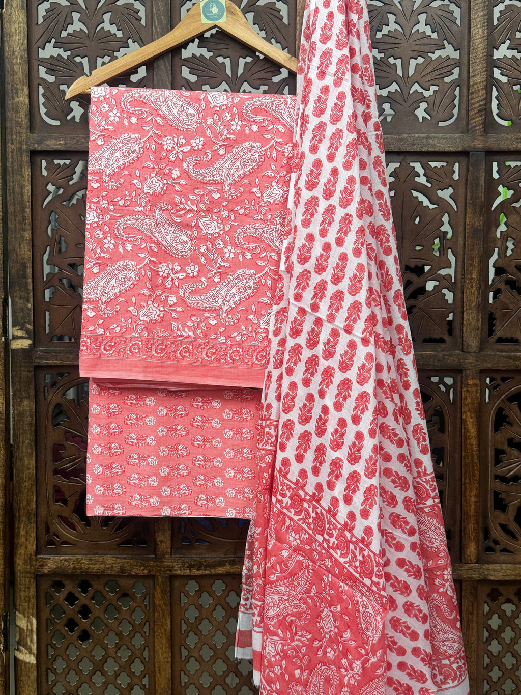 Blush Coral Paisley Handblock Cotton Unstitched Suit Set HANDMADEAHOLIC BY MISHKA