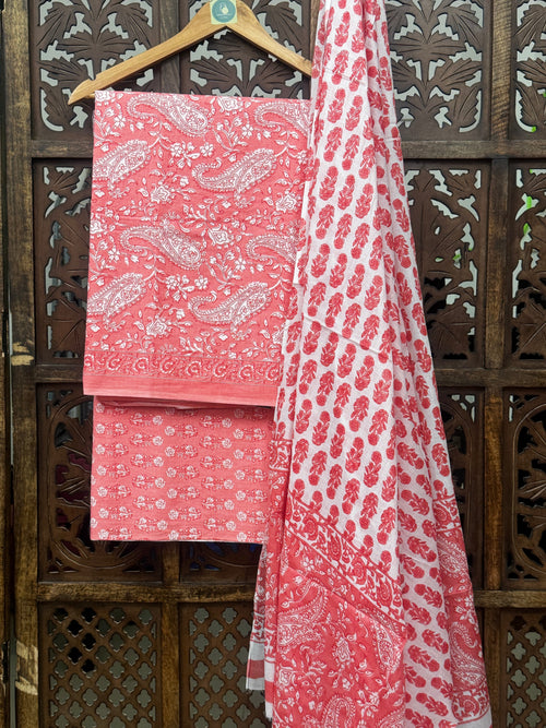 Blush Coral Paisley Handblock Cotton Unstitched Suit Set HANDMADEAHOLIC BY MISHKA