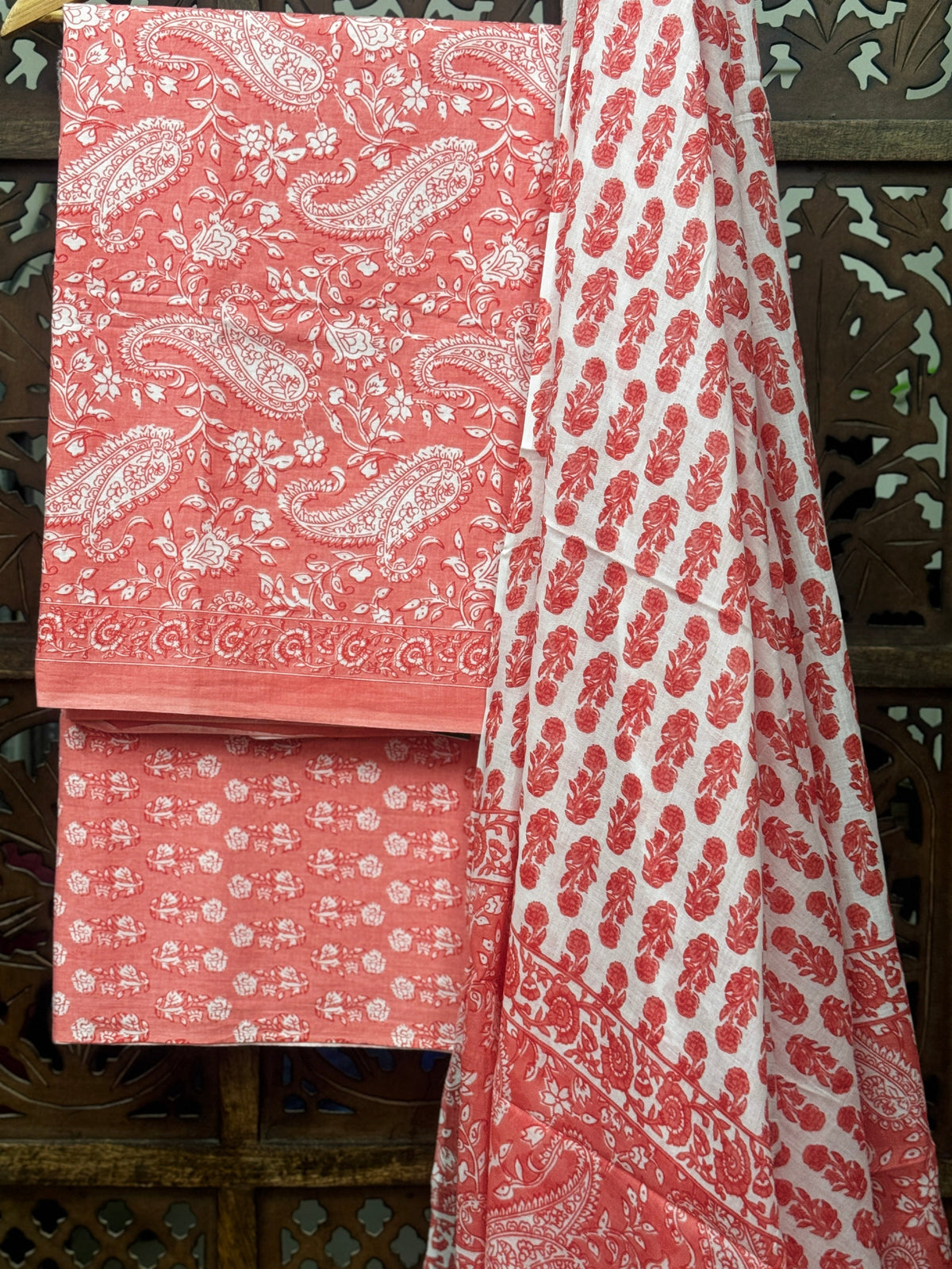 Blush Coral Paisley Handblock Cotton Unstitched Suit Set HANDMADEAHOLIC BY MISHKA