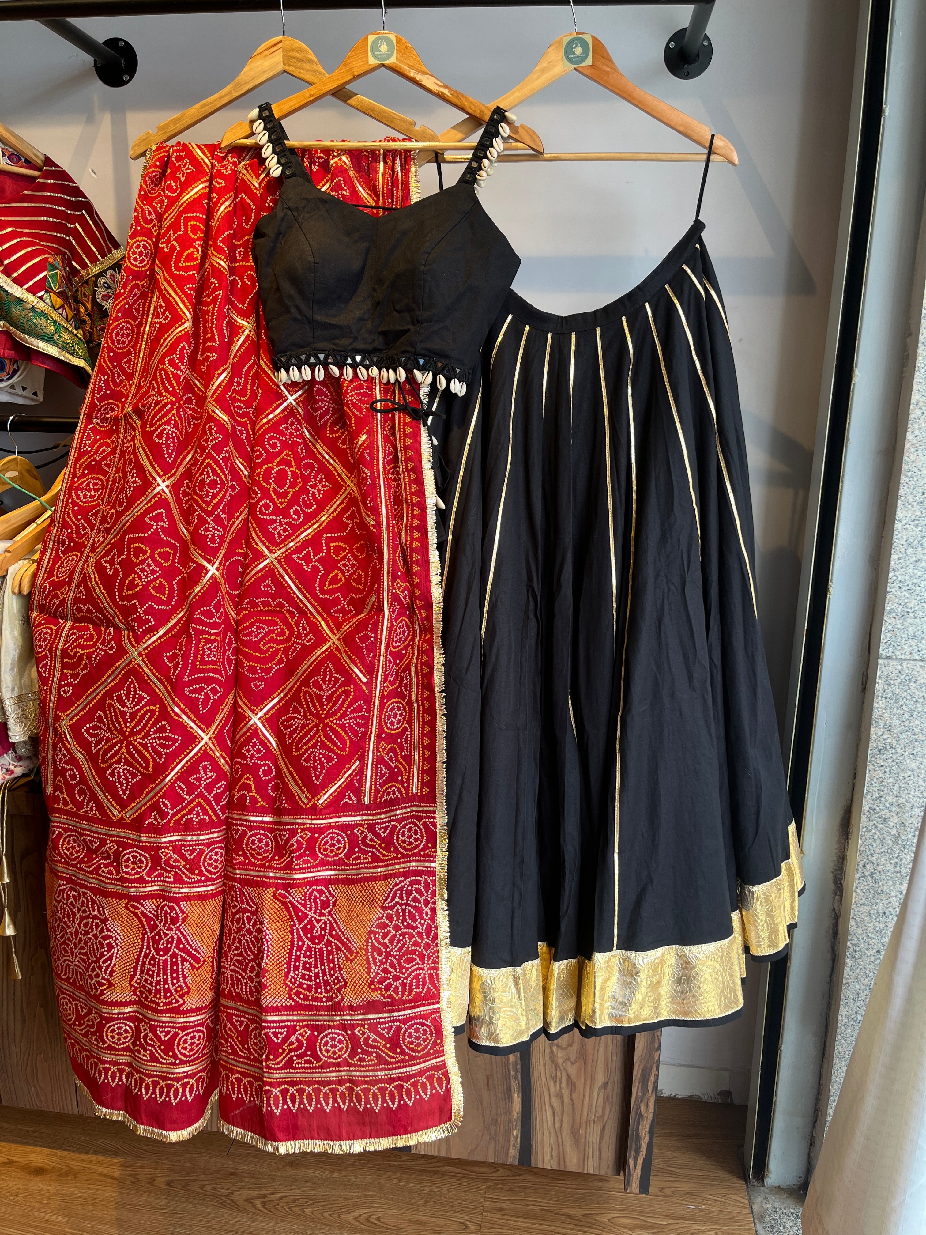 RED BANDHANI WITH BLACK CHANIYA CHOLI HANDMADEAHOLIC BY MISHKA