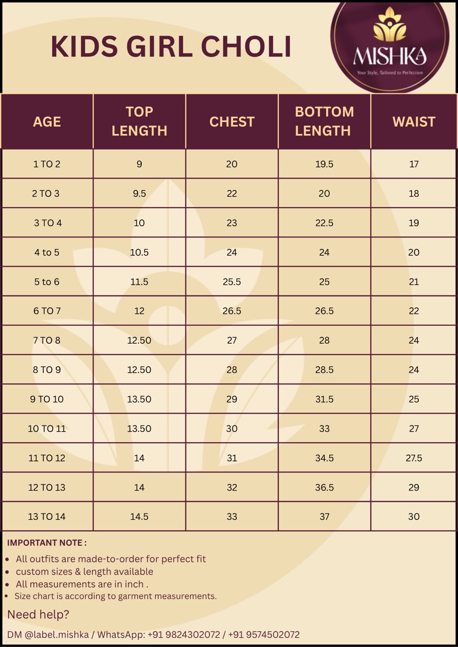 Ruhani Kids Choli Raas'26 Size Chart