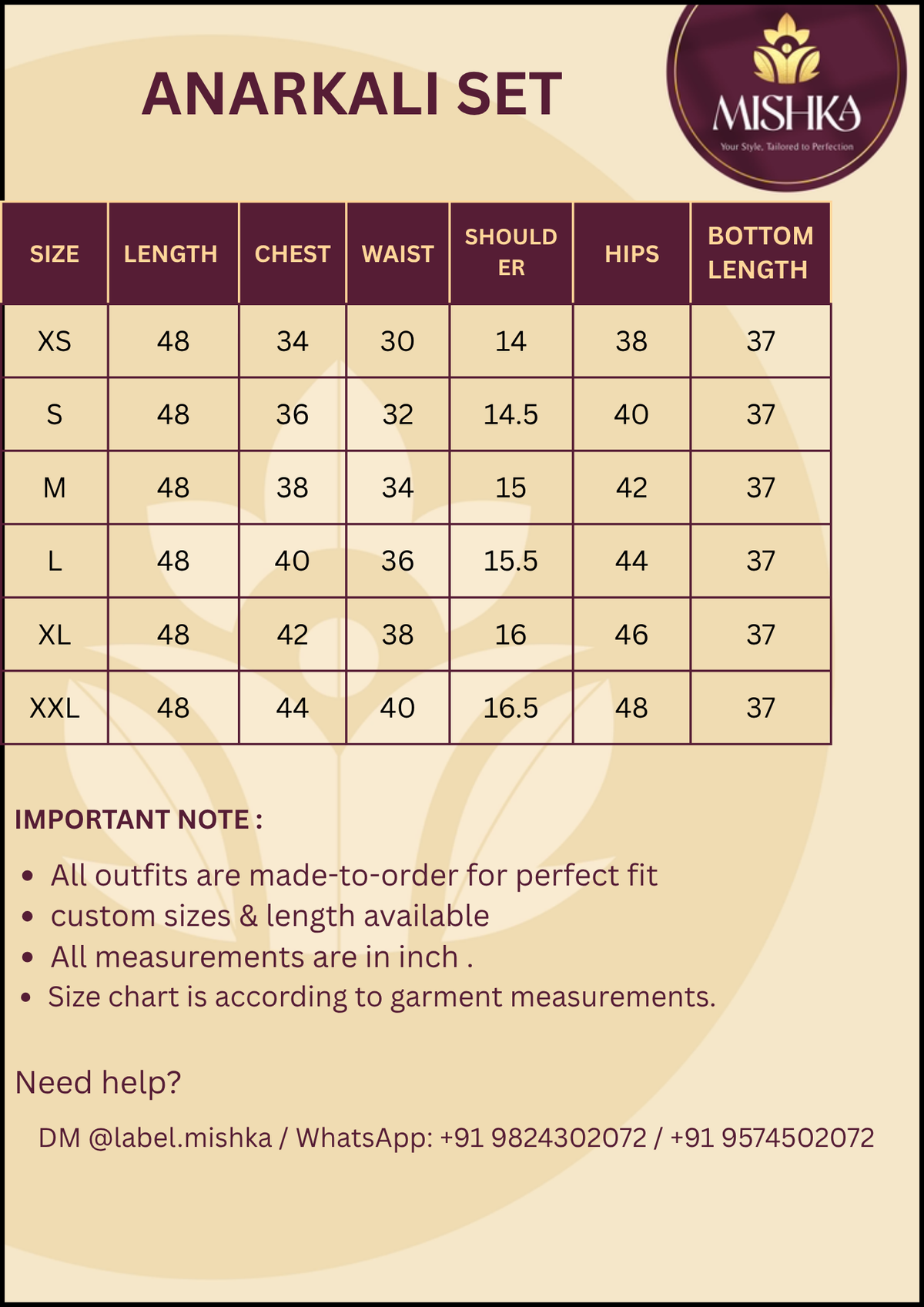 Black side kali Suit Set Size Chart