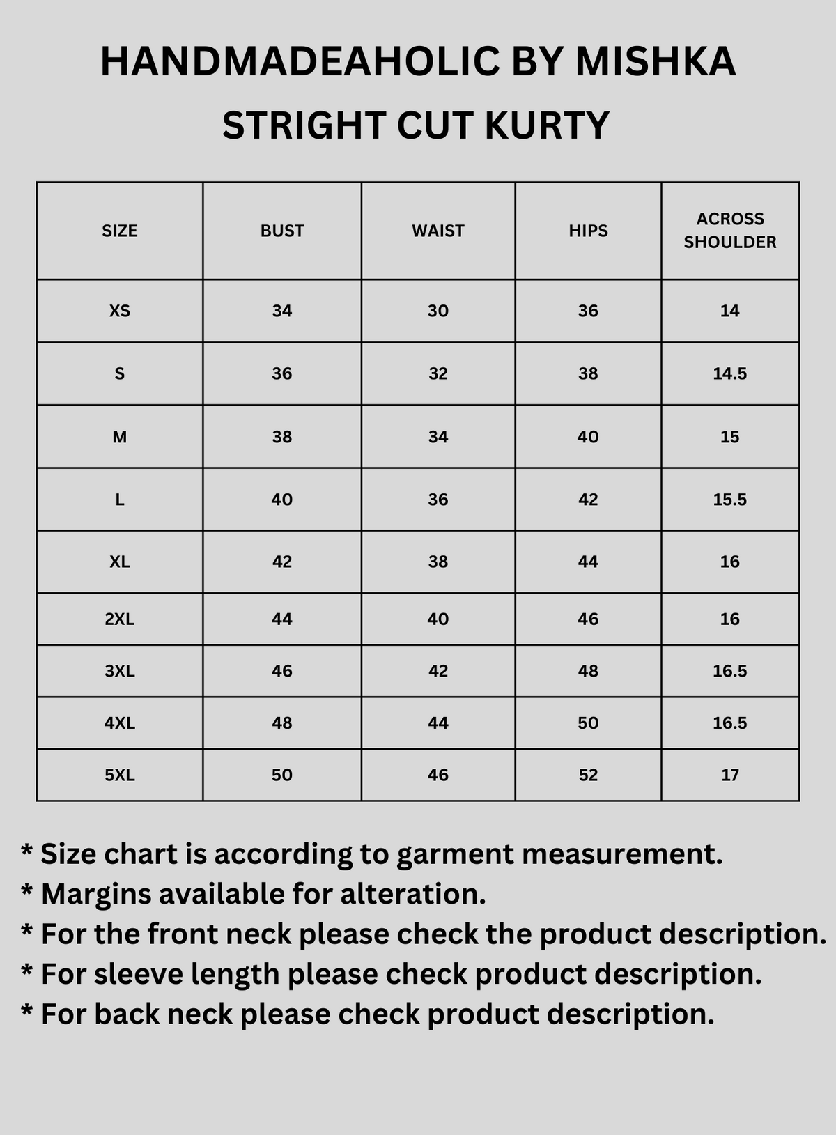 PURPLE MIRROR WORK KURTA SET Size Chart
